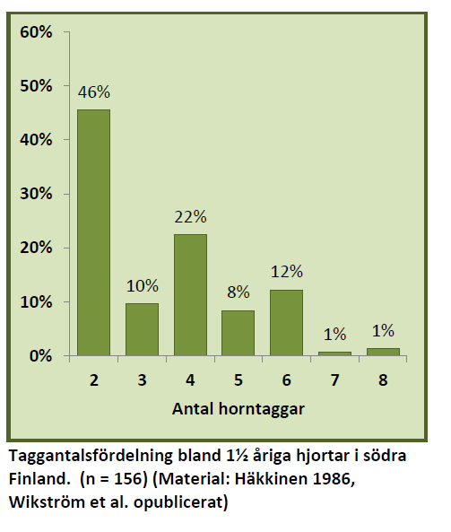 46% av 1,5 åriga hjortar har endast 2 taggar, 10% har 3 och 22% har 4 taggar.