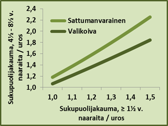 Kaavio osoittaa, että aikuisten yksilöiden sattumanvarainen urosverotus johtaa aikuisten yksilöiden korkeampaan naarasosuuteen kuin valikoiva urosverotus.