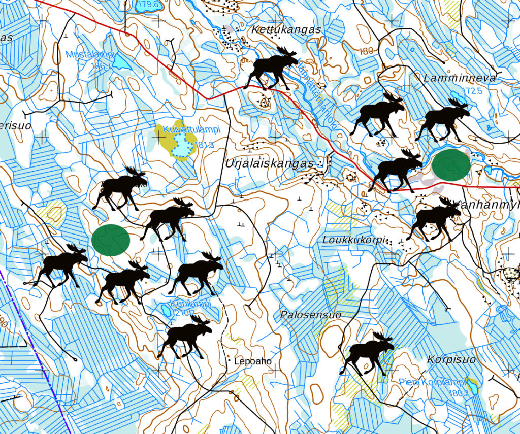 Hirvet kerääntyvät karttakuvassa muutamien hyvien ravintoresurssien ympäristöön.