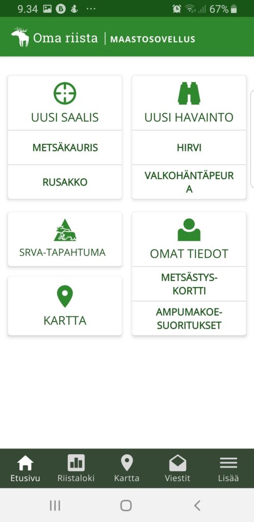 Näyttökuva Oma riista -mobiilisovelluksesta.