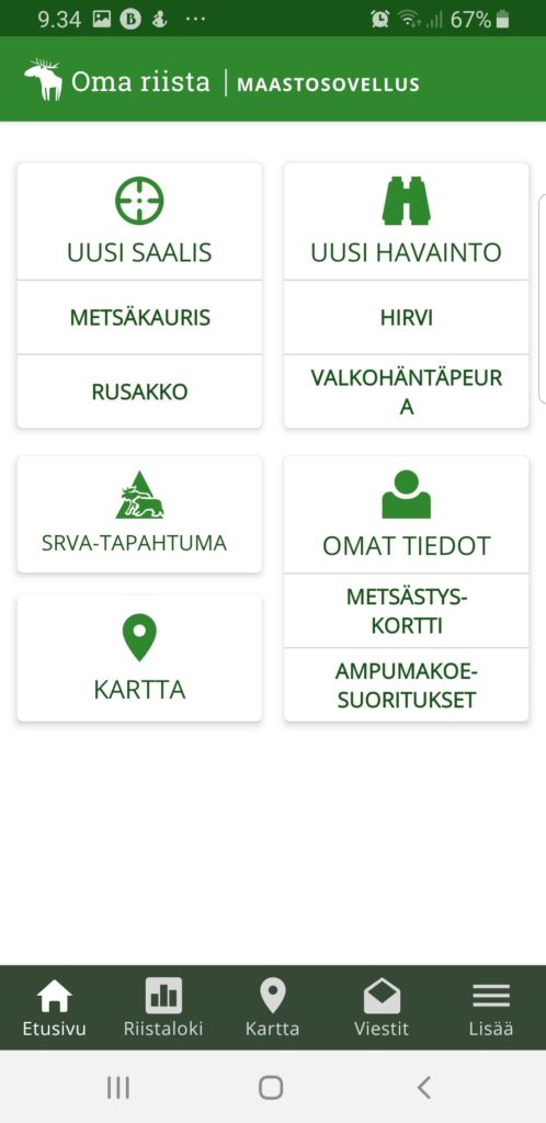 Näyttökuva Oma riista -mobiilisovelluksesta.