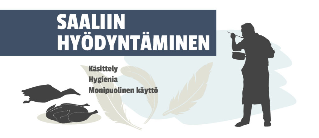 Pääotsikko: Saaliin hyödyntäminen. Alaotsikot: Käsittely, Hygienia, Monipuolinen käyttö.