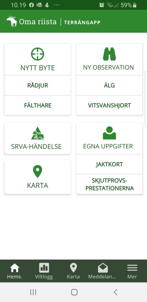 Skärmdump från Oma riista mobil-appen.