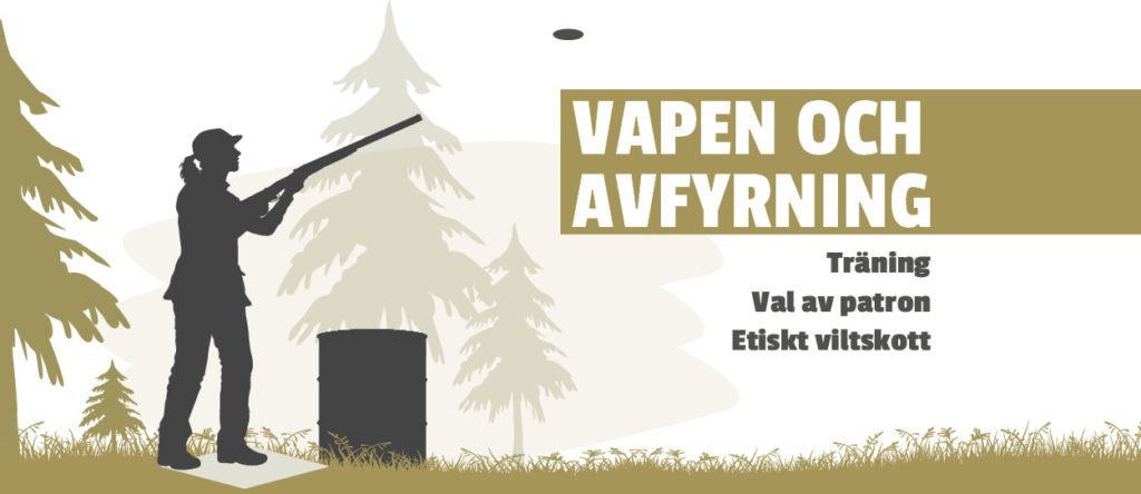 Huvudrubrik: Vapen och avfyrning. Underrubriker: Träning, Val av patron, Etiskt viltskott.