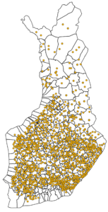 Suomen kartta, johon on merkitty aktiiviset petoyhdyshenkilöt riistanhoitoyhdistyksittäin vuonna 2020.