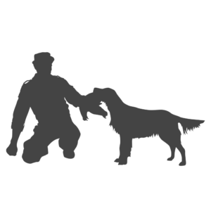 En tecknad silhuett av en människa som tar emot en fågel av en hund.