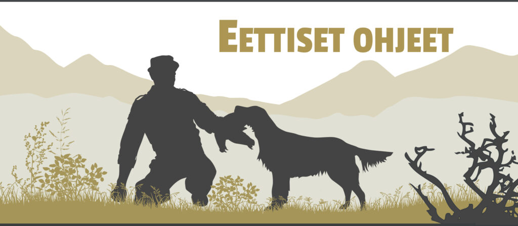 Piirroskuva, jossa teksti eettiset ohjeet ja ihmishahmo ottamassa koiran tuomaa lintua.