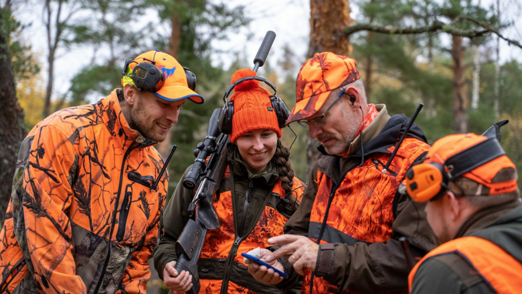 Metsästyksenjohtaja antaa ohjeita kahdelle metsästäjälle.