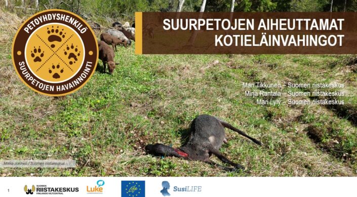 Valokuva, jossa kuolleita lampaita laitumelle. Sen päällä petoyhdyshenkilöiden logo.